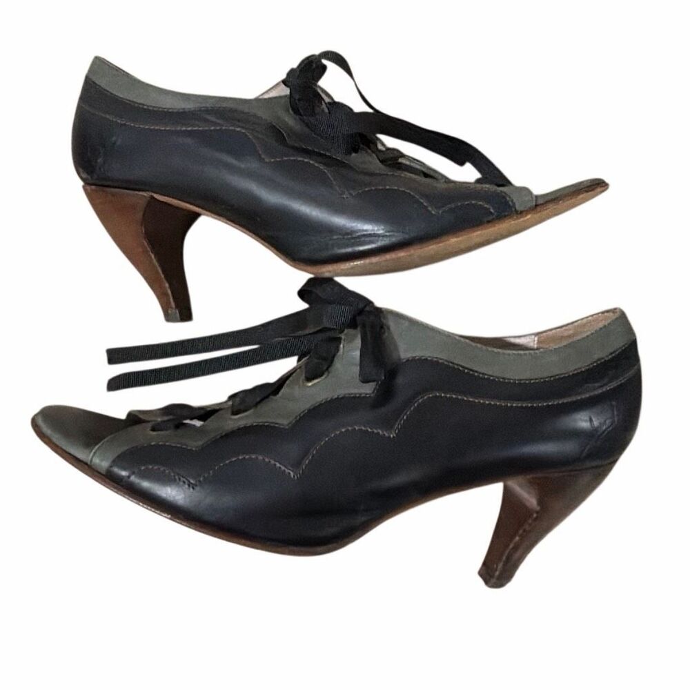 John Fluevog Teapot Yunnan Heels Black Olive Green Ribbon Lace Up Women’s 9.5 - Picture 16 of 16